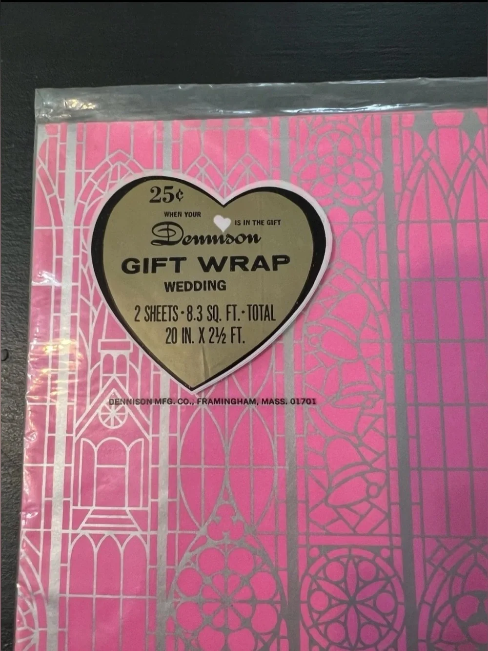 Vtg Wedding Gift Wrap Dennison Pink Silver Cathedral 2 Sheets 70s Mod Ephemera